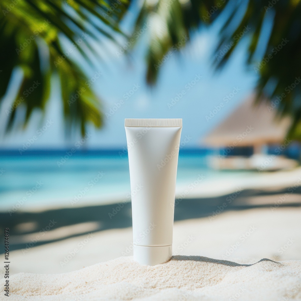 Poster cosmetics cream tube resting on sandy beach with clear blue ocean and tropical palm trees in the bac