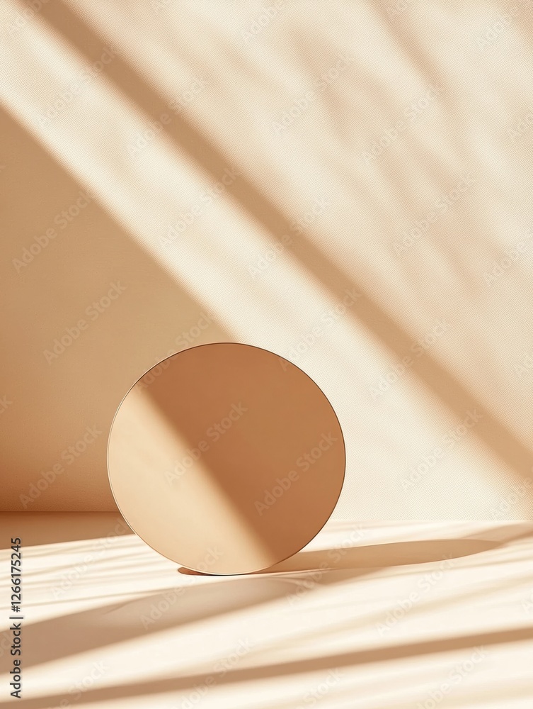 Poster Sunlight casting shadows on a round object on a beige surface in a serene indoor setting. Generative AI