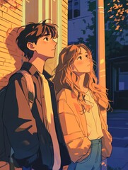 Young couple in their twenties standing outside an apartment building, gazing at something off-screen