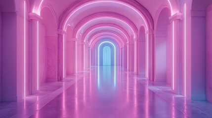 A vibrant corridor illuminated by pink and blue neon lights, creating a surreal atmosphere