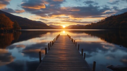 Fototapeta premium Serene Sunset over Still Lake and Wooden Dock