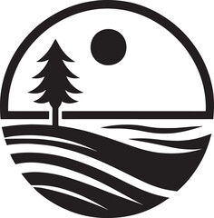 Simple landscape icon sun, tree, water.