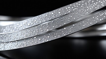 Abstract silver bands with water droplets on dark background