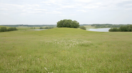 Serene summer meadow landscape with lake; idyllic rural scene
