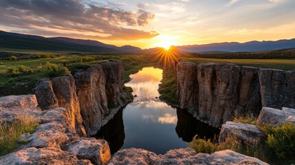 Rocky canyon river sunset reflection