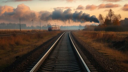 Fototapeta premium A scenic view of railway tracks with a train and smoke in a tranquil landscape at sunset.