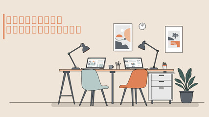 Empty co working shared desk colorful minimalist flat design