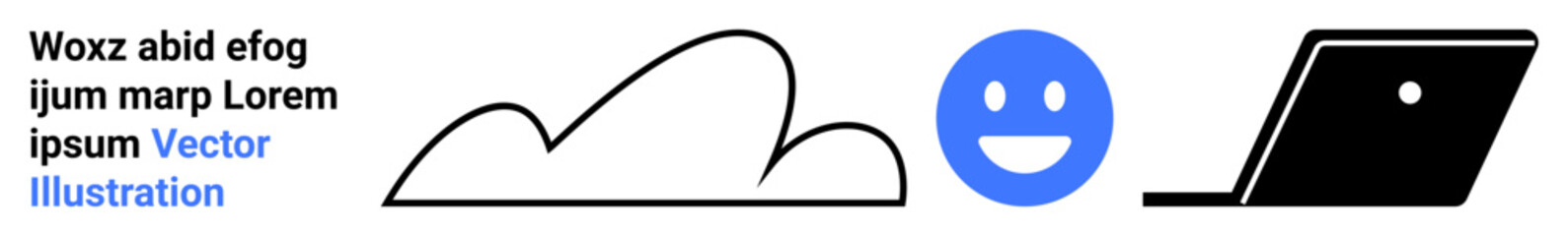 Abstract cloud, blue happy face, and black laptop forming a trio of modern communication, technology, and positivity. Ideal for tech innovation, digital emotions, cloud storage, remote work online