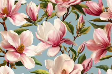 Seamless vector pattern with blooming magnolia isolated on a changeable background. Vintage painting style illustration.