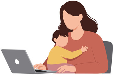 Minimalist flat design vector of woman working with laptop while holding her baby in arms
