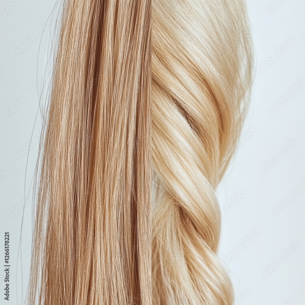 Poster healthy smooth strand compared to brittle damaged strand showcasing differences in hair quality and 