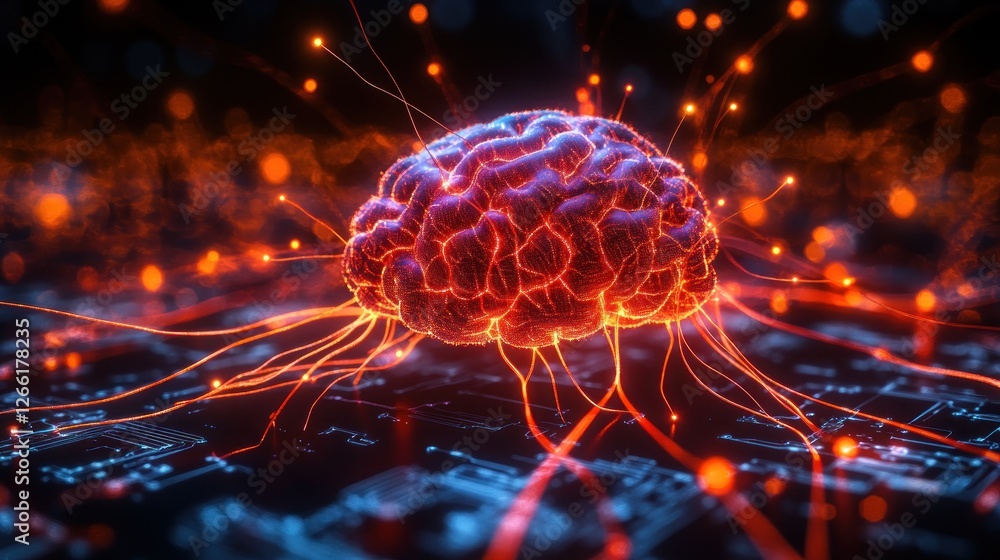 Poster active brain on circuit board; glowing neural connections
