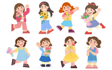 Illustration set of cheerful children holding flowers