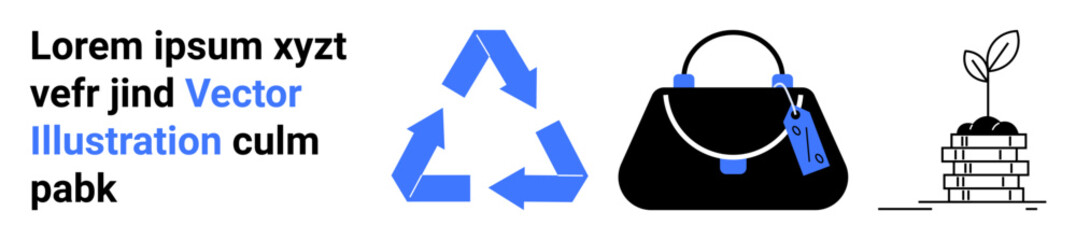 Recycling icon, handbag with tag, coins stack with sprouting plant. Ideal for sustainability, eco-fashion, recycling, circular economy, investment, environment green growth flat landing page banner