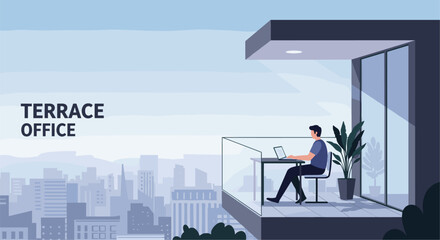 Terrace office concept with person working with laptop with amazing view of cityscape