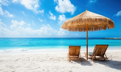 A serene beach scene with two lounge chairs under a straw umbrella by the turquoise sea.