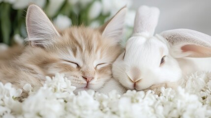 Sleeping Kittens and Bunny Among Flowers. Peaceful Pets. Potential Use  Desktop Wallpaper, Children's Books