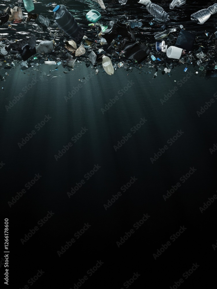Aufkleber Ocean surface cluttered with floating plastic waste highlighting environmental pollution and the urgent need for awareness. Generative AI
