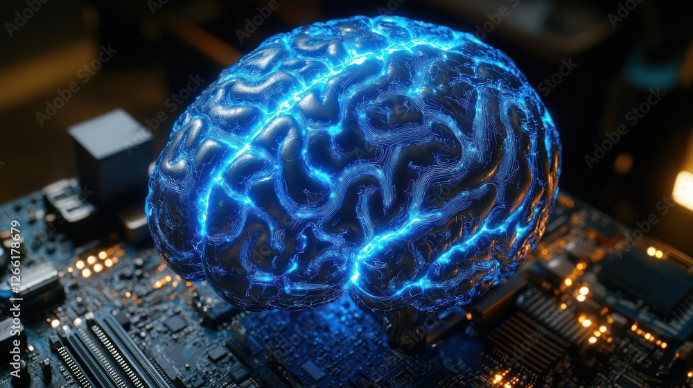Poster advanced ai brain on circuit board, futuristic technology