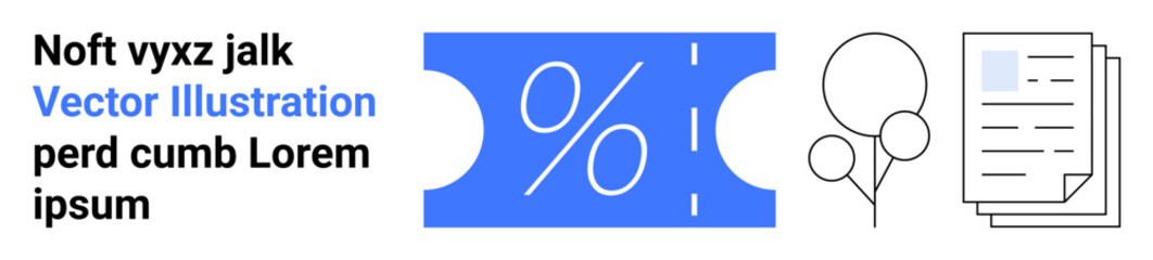 Blue percent coupon next to balloons and stacked papers. Ideal for sales, promotions, marketing, events, discounts, business tools, festive themes, abstract line flat metaphor