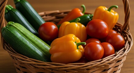 Basket of Fresh Zucchini, Bell Peppers, and Tomatoes