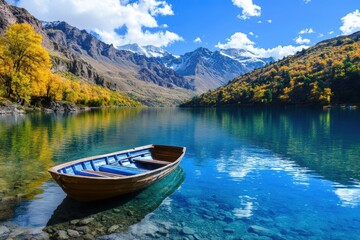 Fototapeta premium Calm lake with a wooden boat surrounded by mountains and autumn trees on a clear sunny day