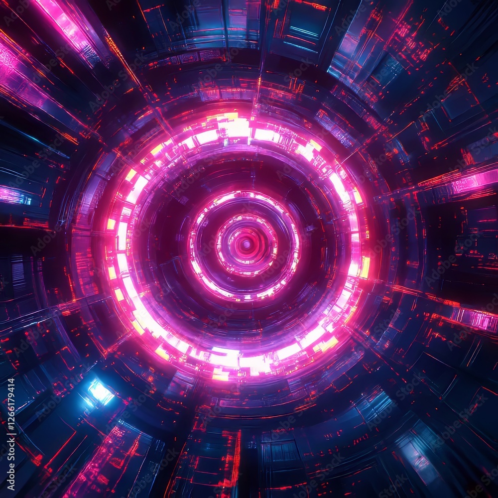 Poster vibrant abstract digital tunnel radiating energy and color in a futuristic setting
