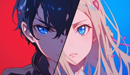 Naklejka premium Anime character design featuring a male character with black hair and a female character with blonde hair, set against a red and blue background.