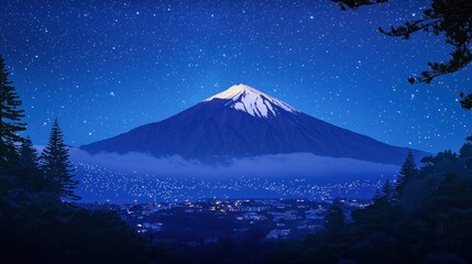 Majestic volcano at night, city lights, starry sky, forest foreground