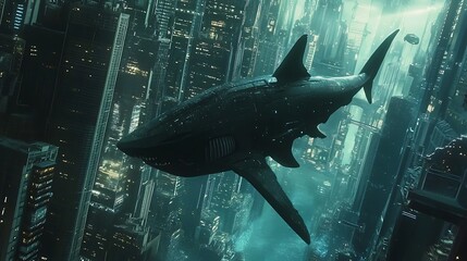 A majestic shark swimming through a futuristic underwater city under an ethereal glow of neon lights and skyscrapers