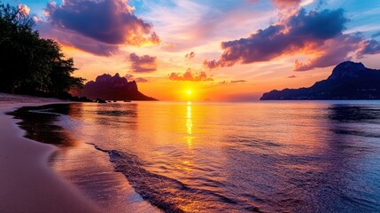 Tropical beach sunset over calm ocean