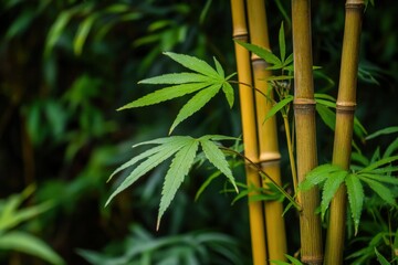 Green leaves of a cannabis plant growing alongside bamboo in a lush garden during sunny daylight hours