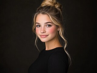 Naklejka premium Elegant blonde woman with high bun wearing black, dramatic studio lighting enhancing facial contours, deep shadows creating moody atmosphere in artistic portrait photography