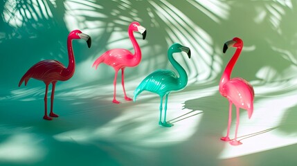 Obraz premium Flamingo toys in motion, vibrant colors, simple yet creative design, evoking joy and playfulness.
