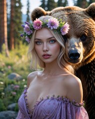 Blond Model Floral Crown posing with a Bear the Forest