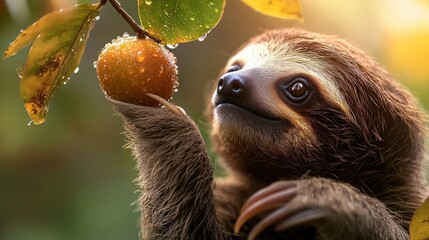 Fototapeta premium Sloth reaching for fruit in rainforest canopy