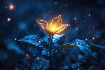 Bright glowing flower illuminates a dark forest during the night with magical sparkles surrounding it