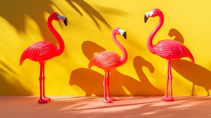 Naklejka premium Flamingo toys in motion, vibrant colors, simple yet creative design, evoking joy and playfulness.