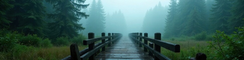 Obraz premium Dense fir forest foggy landscape with old wooden bridge, nature, rustic