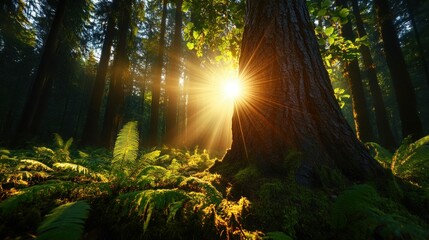 Obraz premium Sunlight streams through forest canopy illuminating ferns and tree trunk