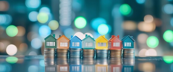 Colorful miniature houses placed on stacks of coins with blurred urban lights in the background during nighttime