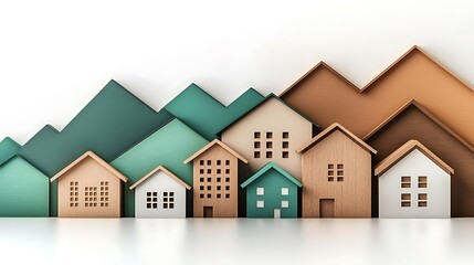 Colorful wooden houses arranged in a row with mountains in the background, showcasing a serene landscape