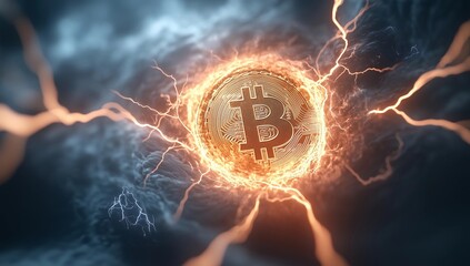 Bitcoin surrounded by electric energy in a dramatic dark stormy background showcases the power of digital currency