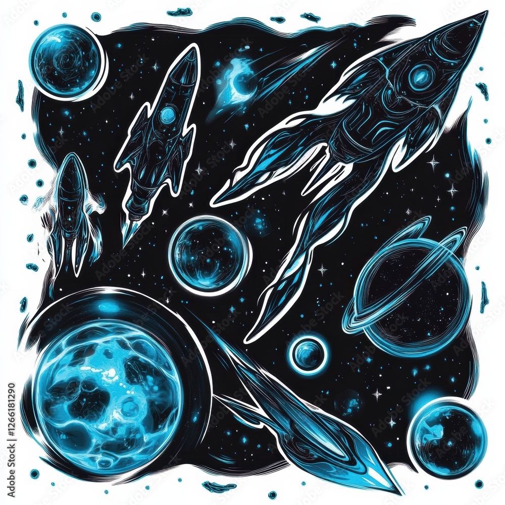 Poster colorful space themed stickers featuring rockets, planets, and celestial objects in a vibrant design