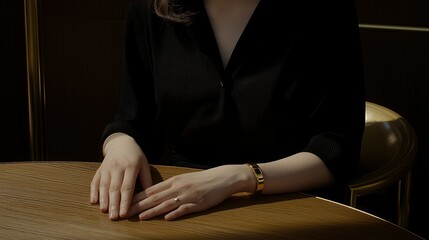 Woman's hands on table, golden bracelet on wrist in cafe. Elegant outfit