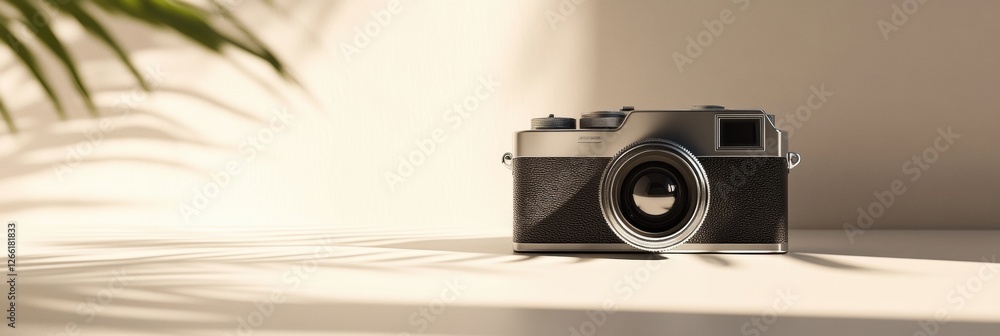 Fototapete vintage camera placed elegantly on a table with soft light illuminating its features. generative ai