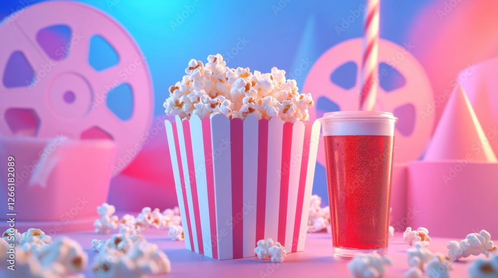 Poster colorful popcorn and drink setup for movie night with playful background and cozy atmosphere. genera