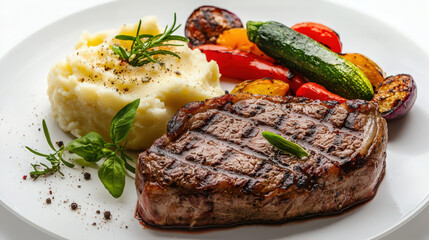 Juicy Steak with Grilled Vegetables and Mashed Potatoes