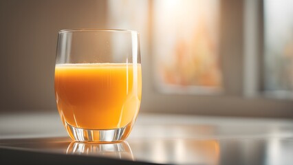 A glass of fresh orange juice sits on a reflective surface near a sunlit window.