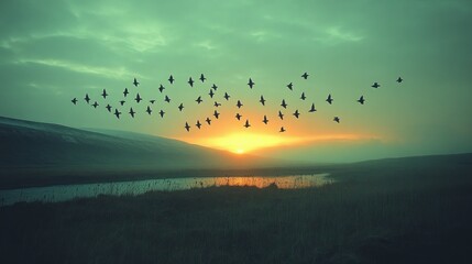 Obraz premium Flock of birds flying over a river valley at sunset